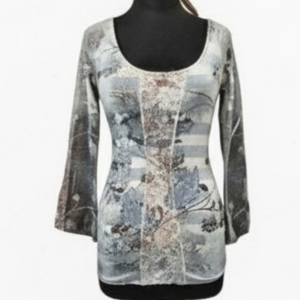 Y2K Grail Vintage Small Floral Fairy Long Sleeve Stretch Gray & Blue Women's Top